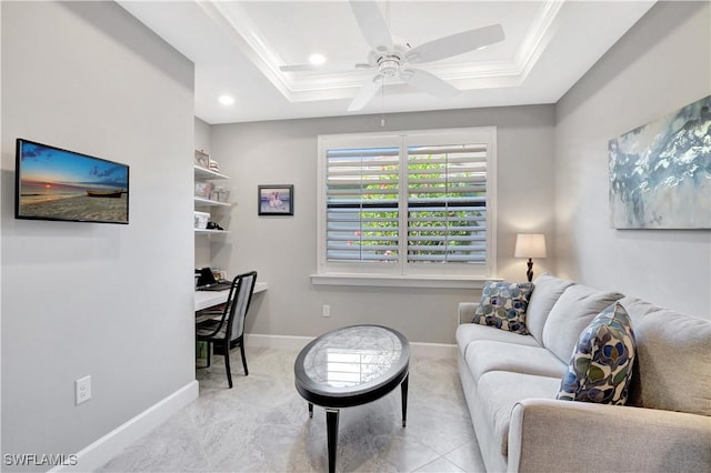 living area with ornamental molding, recessed lighting, ceiling fan, and baseboards