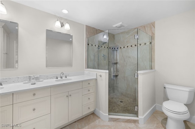 full bath featuring toilet, a sink, a shower stall, tile patterned floors, and double vanity