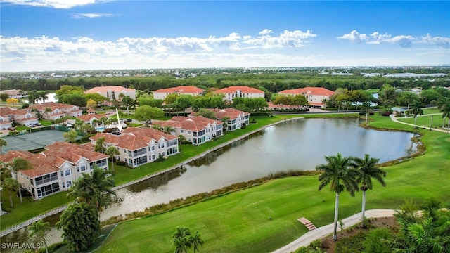 aerial view featuring a water view and a residential view