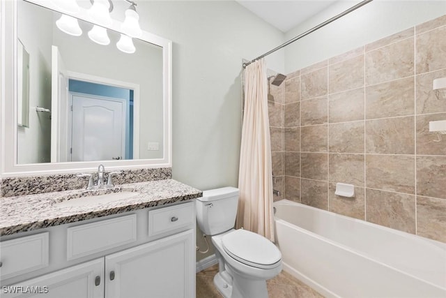 full bathroom with shower / bath combo, vanity, toilet, and tile patterned floors