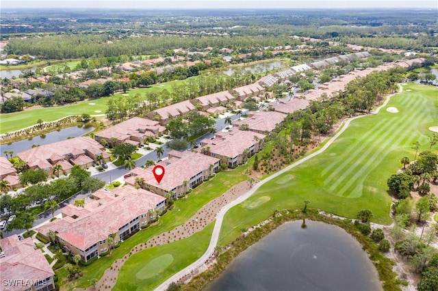 bird's eye view featuring view of golf course, a water view, and a residential view