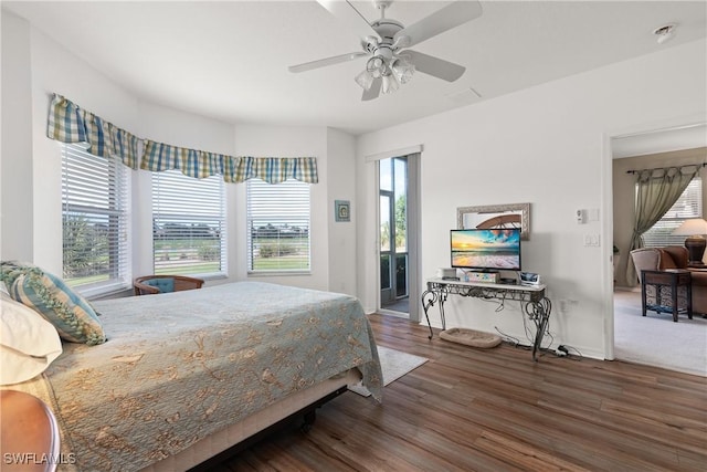 bedroom with multiple windows, wood finished floors, a ceiling fan, and access to exterior