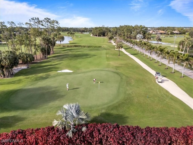 view of home's community with view of golf course and a yard