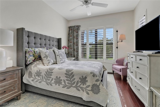 bedroom with ceiling fan and wood finished floors