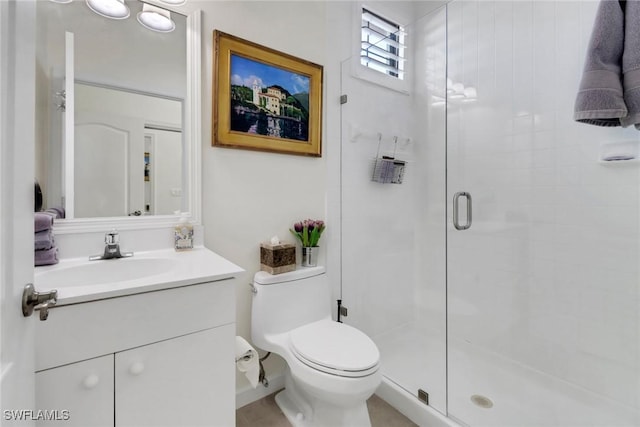 full bathroom featuring a stall shower, vanity, and toilet