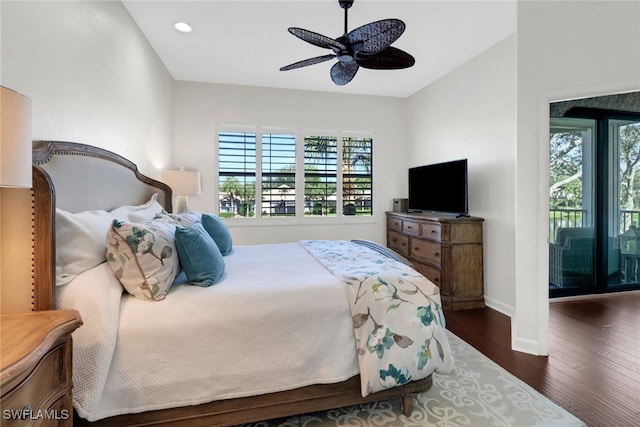 bedroom with a ceiling fan, recessed lighting, baseboards, and wood finished floors