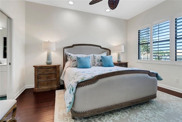 bedroom featuring recessed lighting, wood finished floors, a ceiling fan, and baseboards