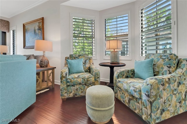 living area with baseboards and wood finished floors