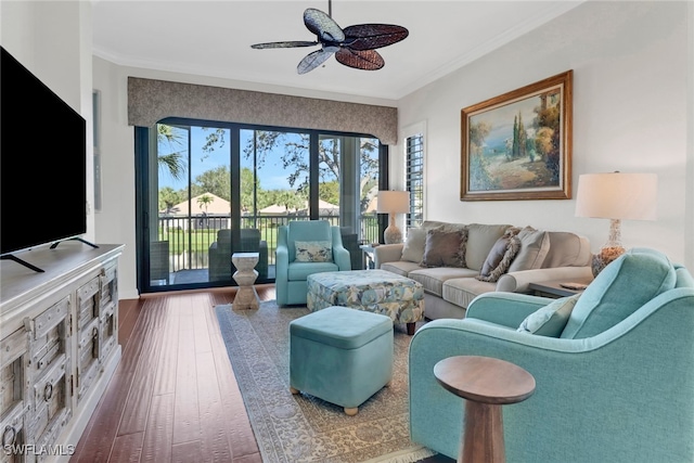 living room featuring ceiling fan, crown molding, and wood finished floors