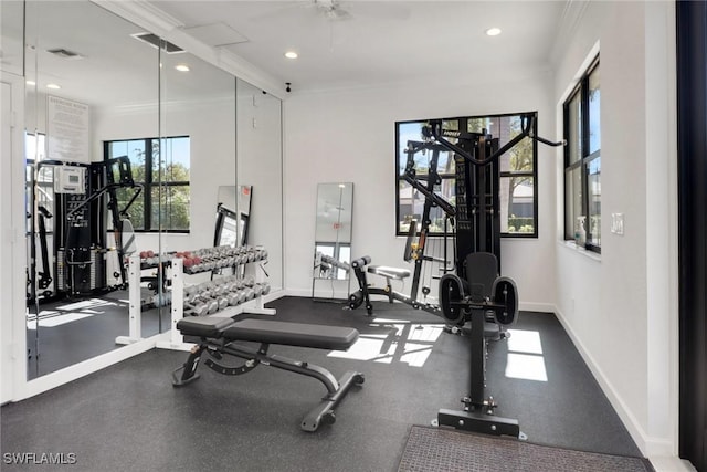 gym featuring recessed lighting, visible vents, crown molding, and baseboards