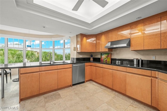 2619 Wulfert Rd Unit 6, Sanibel, FL 33957 - kitchen with a peninsula, a sink, wall chimney range hood, stainless steel dishwasher, and a raised ceiling