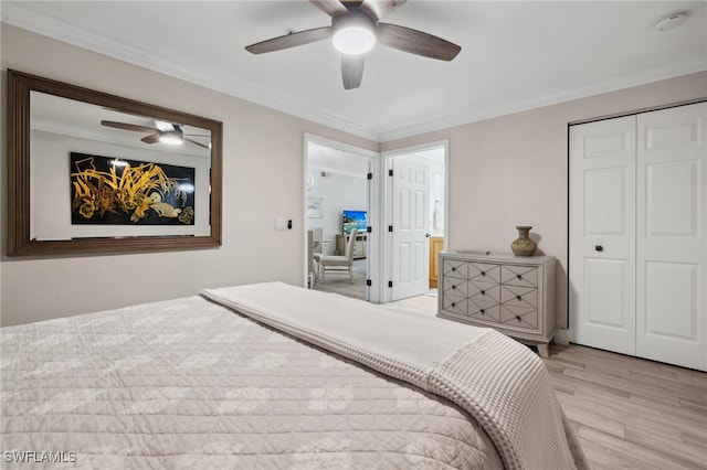 bedroom featuring ceiling fan, ornamental molding, a closet, and light wood-type flooring