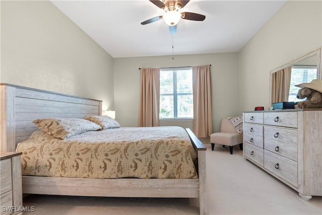 bedroom with light carpet and ceiling fan