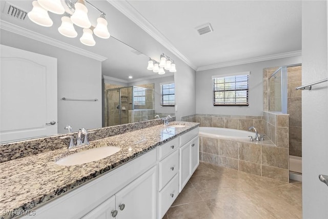 bathroom with ornamental molding, visible vents, a sink, and a shower stall