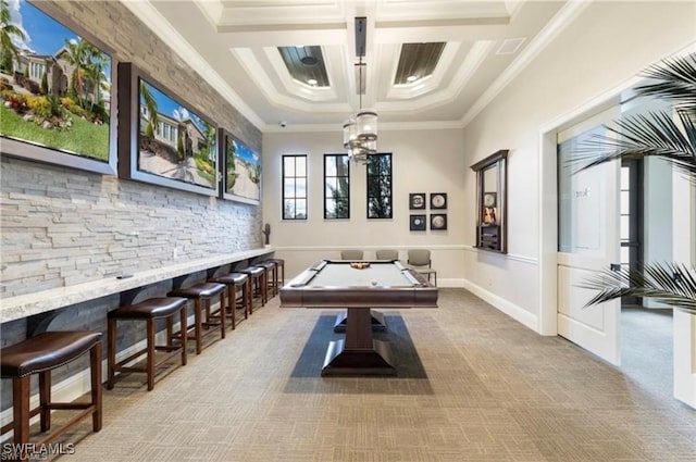 rec room with carpet floors, pool table, ornamental molding, coffered ceiling, and baseboards