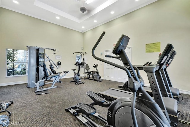 4109 Bellasol Cir Unit 1113, Fort Myers, FL 33916 - workout area featuring a tray ceiling, crown molding, baseboards, and recessed lighting