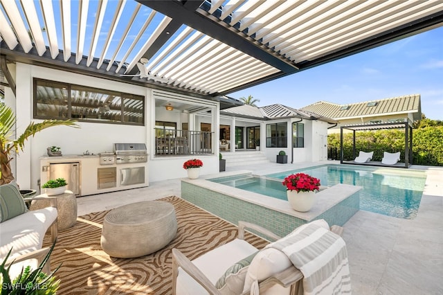 outdoor pool with a pergola, grilling area, exterior kitchen, and a patio