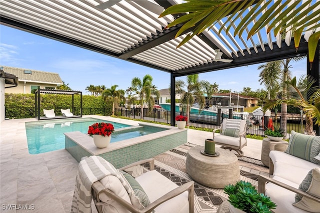 view of swimming pool featuring a fenced in pool, fence, an outdoor living space, and a pergola