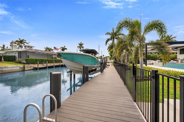 view of dock with a water view and boat lift