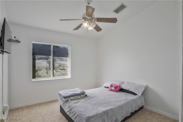 bedroom with light tile patterned floors, baseboards, visible vents, and ceiling fan