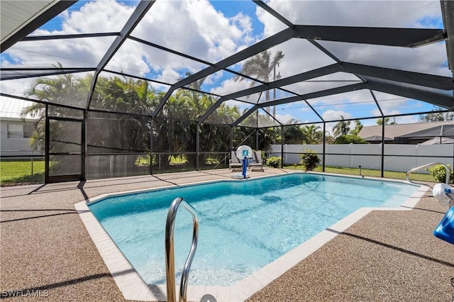 view of pool featuring a fenced in pool, a lanai, a patio, and fence