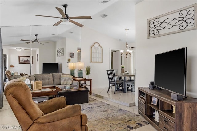 living room with light tile patterned floors, vaulted ceiling, ceiling fan with notable chandelier, and visible vents