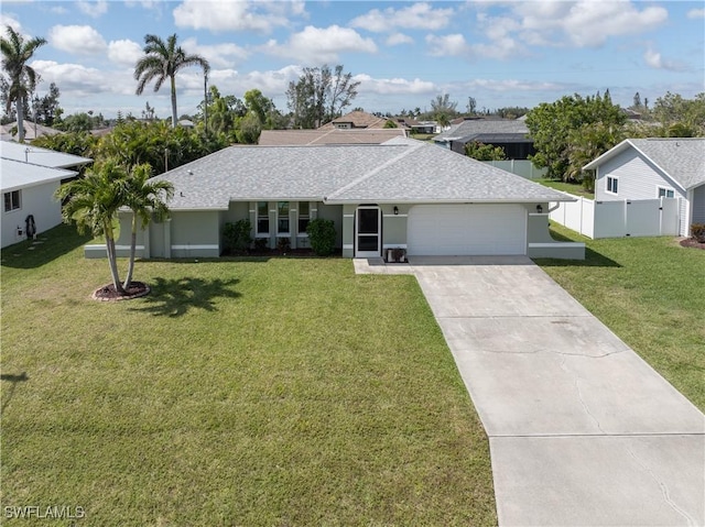 ranch-style home with driveway, a shingled roof, an attached garage, fence, and a front yard