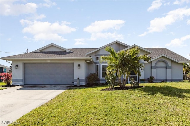 view of front of home with an attached garage, a front yard, concrete driveway, and stucco siding