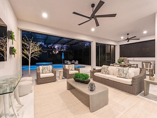 view of patio / terrace with an outdoor pool, glass enclosure, an outdoor living space, and a ceiling fan