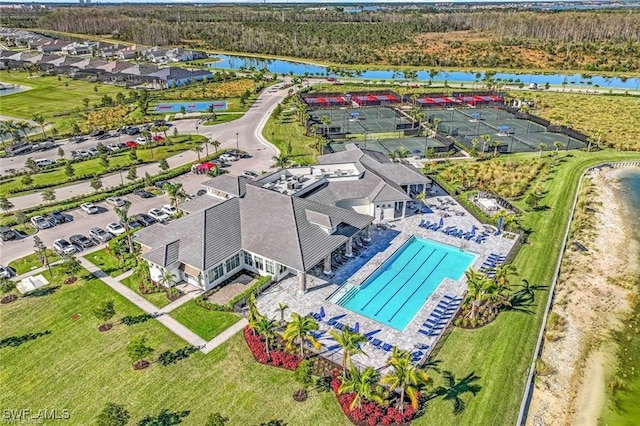 aerial view featuring a water view