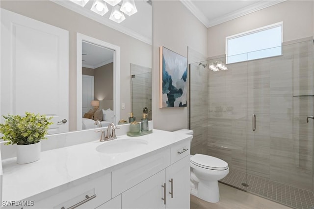 bathroom with toilet, ensuite bath, a shower stall, crown molding, and vanity