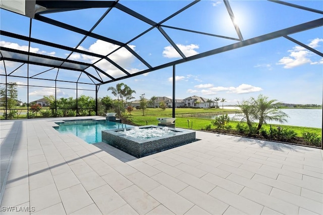 view of swimming pool with a lanai, a yard, a patio, and a water view