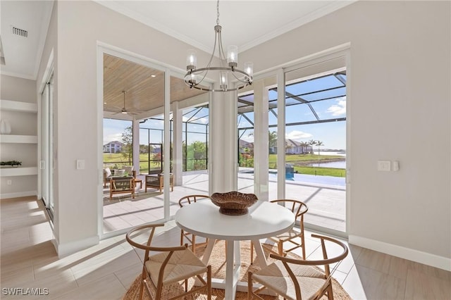 dining area with visible vents, baseboards, crown molding, and a sunroom