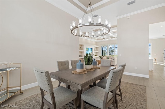 dining space featuring baseboards, visible vents, coffered ceiling, ornamental molding, and a notable chandelier