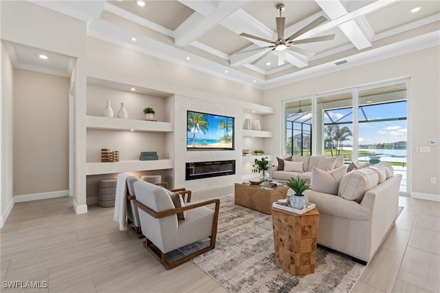 living room with built in features, baseboards, coffered ceiling, and a high ceiling