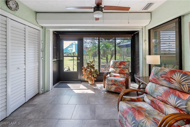 interior space featuring a ceiling fan and visible vents