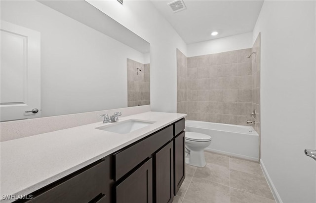 full bath featuring visible vents, bathing tub / shower combination, toilet, tile patterned floors, and vanity