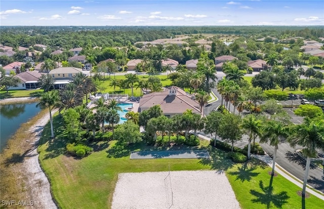 bird's eye view with a residential view and a water view