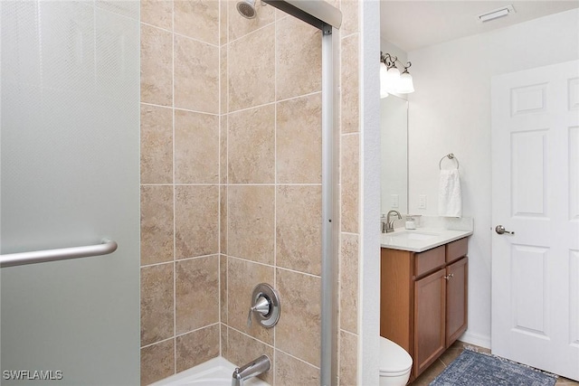 full bathroom with toilet, visible vents, shower / washtub combination, and vanity