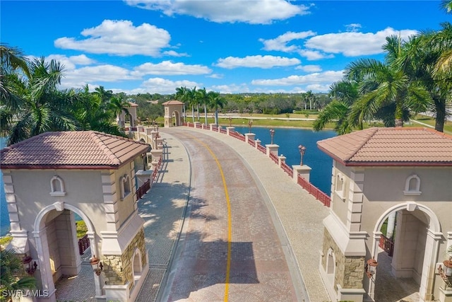 view of street with a water view