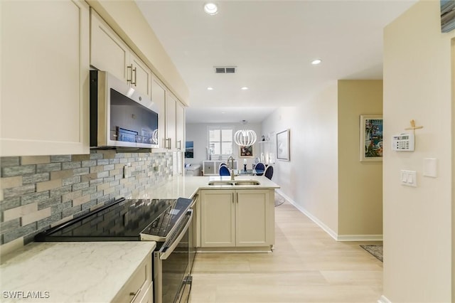 kitchen featuring appliances with stainless steel finishes, a sink, a peninsula, tasteful backsplash, and light wood finished floors