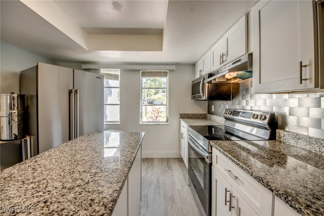 kitchen featuring decorative backsplash, light stone countertops, a tray ceiling, stainless steel appliances, and light wood-type flooring