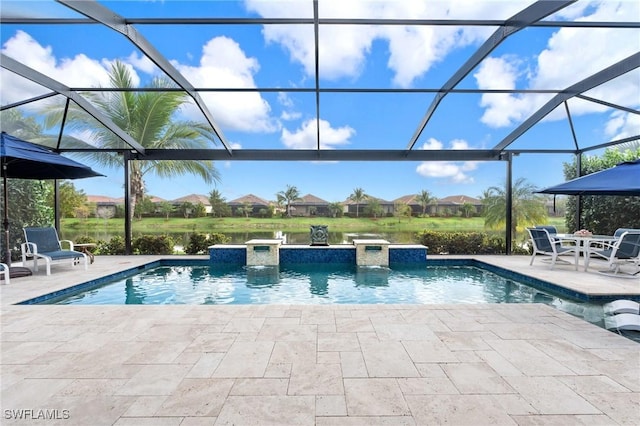 outdoor pool with a patio area and a lanai