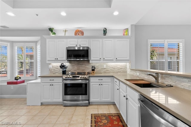 kitchen with appliances with stainless steel finishes, a healthy amount of sunlight, a sink, and backsplash