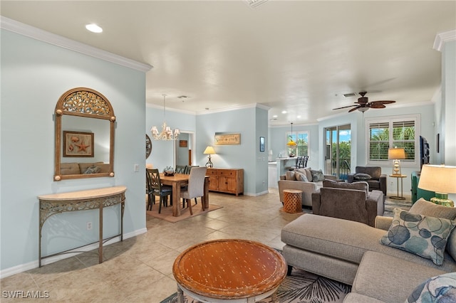 living area with light tile patterned floors, recessed lighting, baseboards, and crown molding