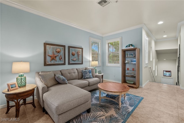 living area with crown molding, light tile patterned floors, recessed lighting, visible vents, and baseboards