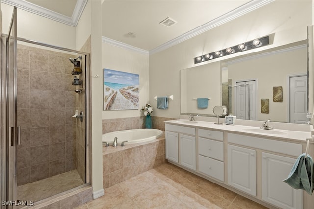 full bathroom with ornamental molding, a sink, and a shower stall