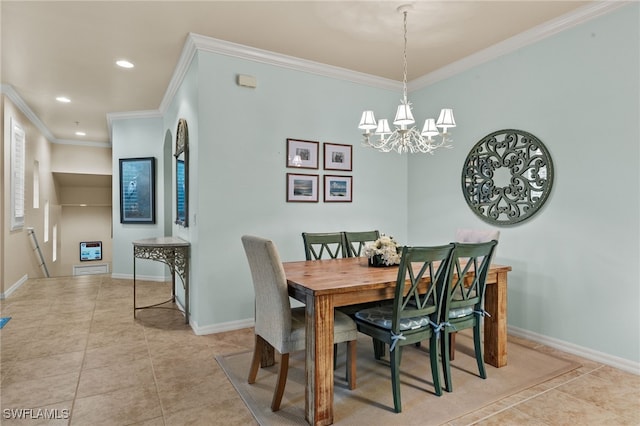 dining space with light tile patterned floors, baseboards, and crown molding