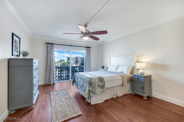 bedroom featuring baseboards, ceiling fan, wood finished floors, access to exterior, and crown molding