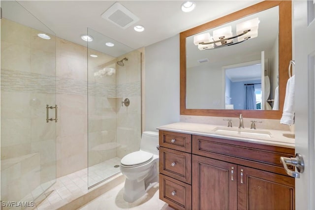 full bath with visible vents, a shower stall, and toilet